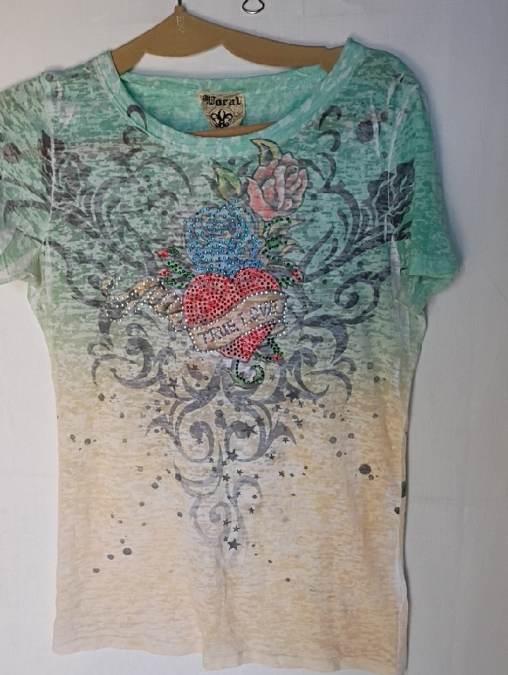 Vocal Mint Green, Cream Short Sleeve Tee with Embellished Heart Floral Graphic